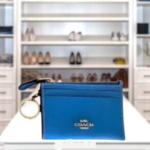 New Coach Crossgrain Leather Mini ID Cardholder Electric Blue with Keyring